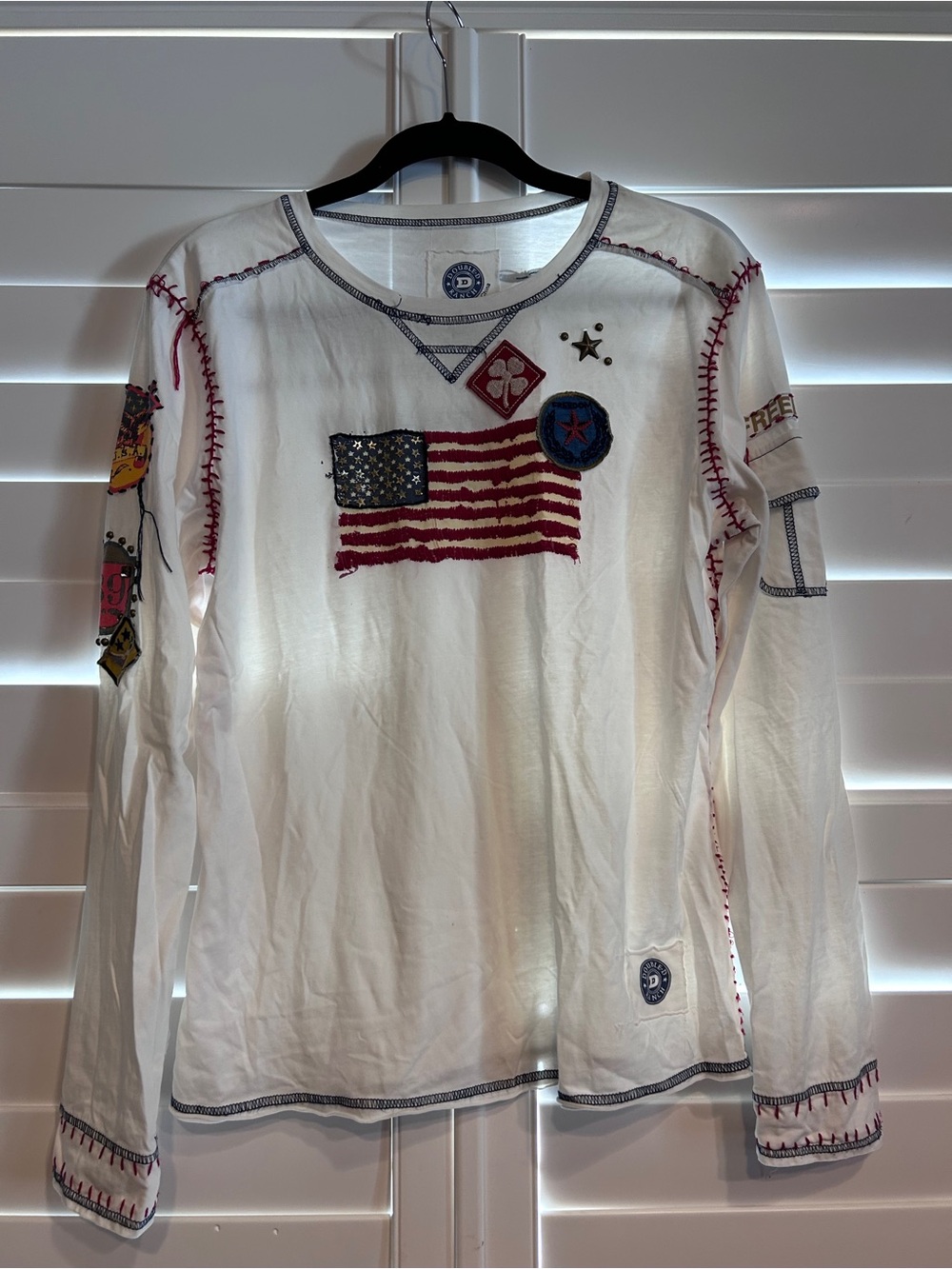 Double D Ranch American Flag Embroidered Long Sleeve Tee White Multi Size XL